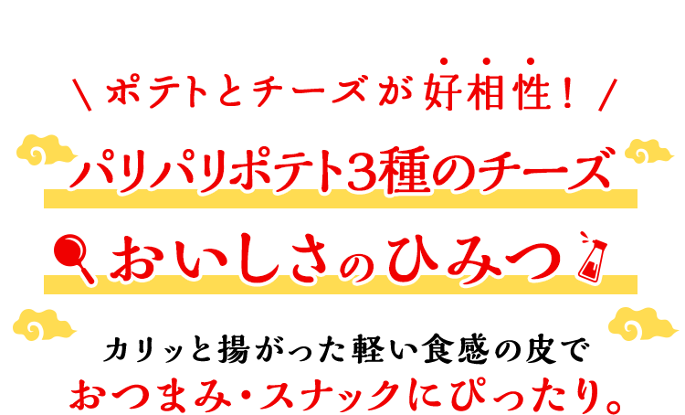 ポテトとチーズが好相性！ パリパリポテトWチーズ おいしさのひみつ カリッと揚がった軽い食感の皮でおつまみ・スナックにぴったり。