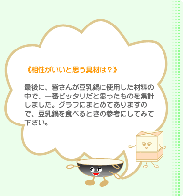 最後に、皆さんが豆乳鍋に使用した材料の中で、一番ピッタリだと思ったものを集計しました。グラフにまとめてありますので、豆乳鍋を食べるときの参考にしてみて下さい。