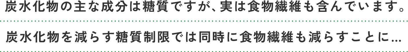 炭水化物の主な成分は糖質ですが、実は食物繊維も含んでいます。炭水化物を減らす糖質制限では同時に食物繊維も減らすことに…