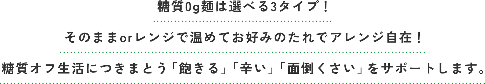 糖質0g麺は選べる3タイプ！そのままorレンジで温めてお好みのたれでアレンジ自在！糖質オフ生活につきまとう「飽きる」「辛い」「面倒くさい」をサポートします。