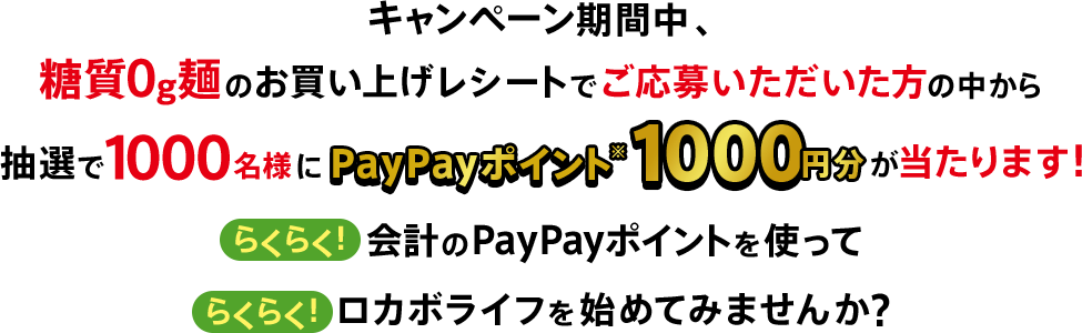 キャンペーン期間中、糖質0g麺のお買い上げレシートでご応募いただいた方の中から抽選で1000名様にPayPayポイント1000円分が当たります！らくらく！会計のPayPayポイントを使ってらくらく！ロカボライフを始めてみませんか？