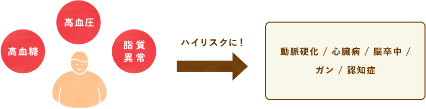 高血糖・高血圧・脂質異常 ハイリスクに！ 動脈硬化/心臓病/脳卒中/ガン/認知症