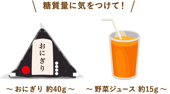 糖質量に気をつけて！〜 おにぎり 約40g 〜 〜 野菜ジュース 約15g 〜