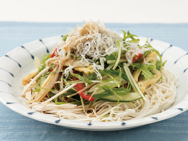 とうふそうめん風の水菜としらすのサラダ麺