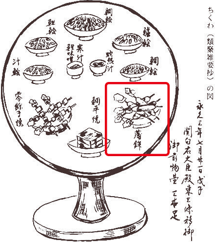 Illustration from a Heian period (794-1185) book on imperial court ritual showing kamaboko served at a banquet.