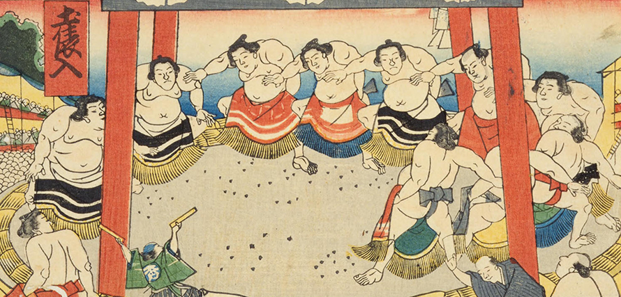 Illustration of grand sumo ring-entering ceremony at Eko-in Temple in the Ryogoku district of Edo (present day Tokyo) [National Diet Library]