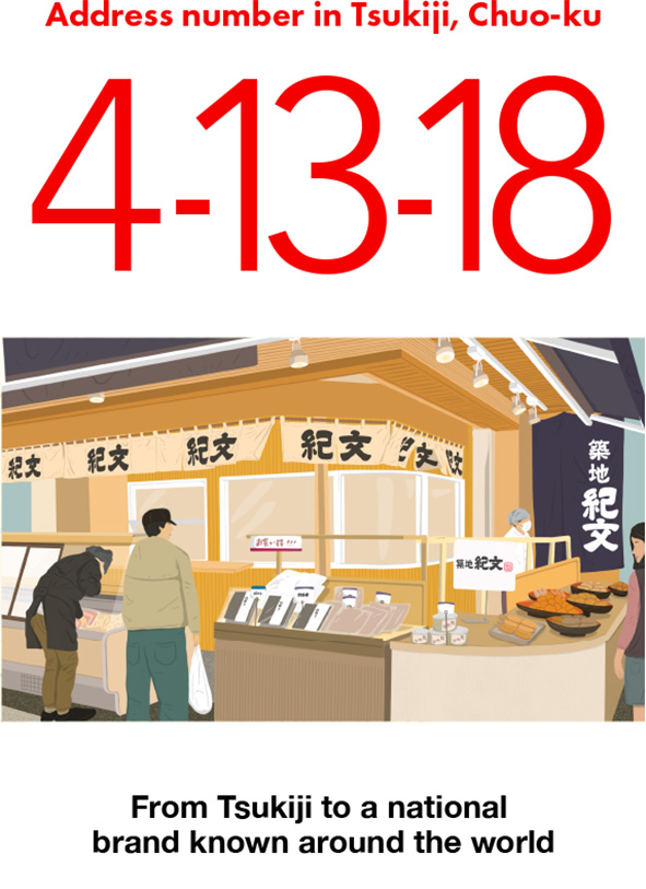 Address number in Tsukiji, Chuo-ku 4-13-18 /　From Tsukiji to a national brand known around the world