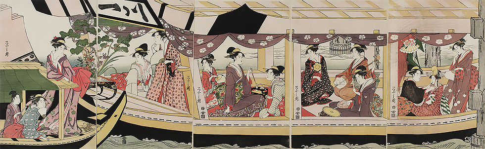 水無月　蔦蒔絵盤　鳥文斎栄之『川一丸船遊び』（ボストン美術館　蔵）