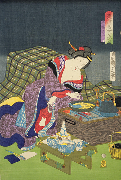柳橋の美女が一人で鍋を食べる姿。「東京美女ぞろひ　柳橋きんし」　應好国貞（歌川国貞二世）（国立国会図書館蔵）