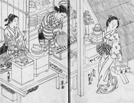 美人画に長けた西川祐信が1723年に出版した『百人女郎品定』の豆腐茶屋（国立国会図書館蔵）