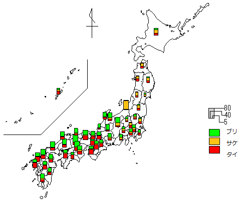 ブリ・サケ・タイの喫食率の分布図