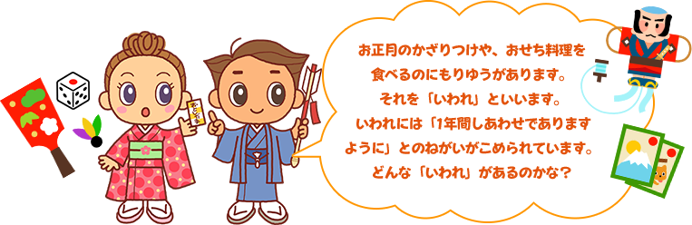 お正月のかざりつけや、おせち料理を 食べるのにもりゆうがあります。 それを「いわれ」といいます。  いわれには「1年間しあわせであります ように」とのねがいがこめられています。  どんな「いわれ」があるのかな？