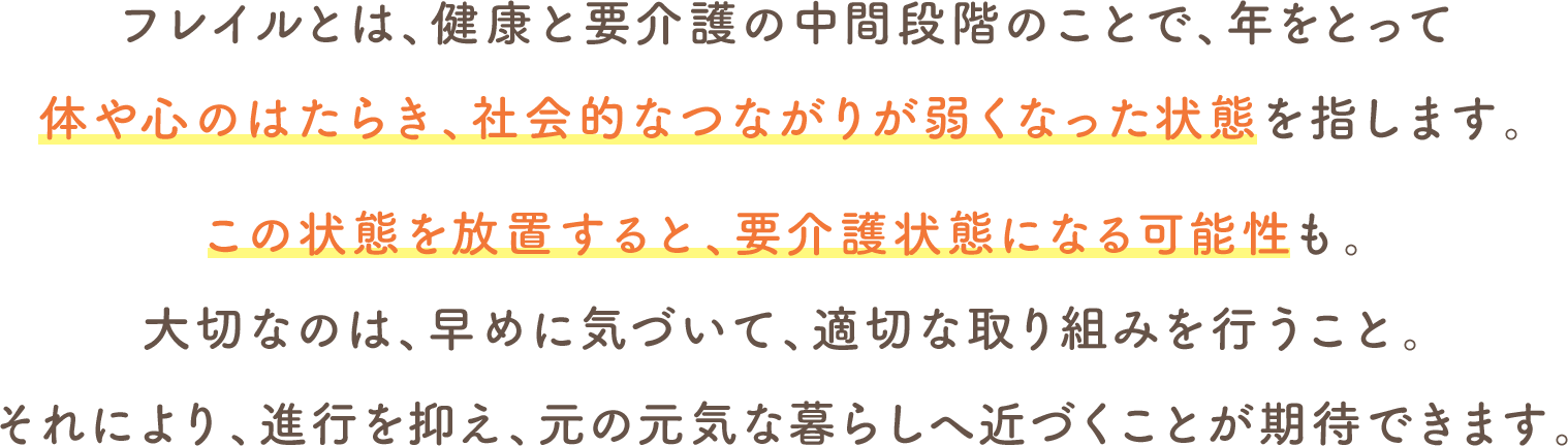 フレイルとは、健康と要介護の中間段階のことで、年をとって体や心のはたらき、社会的なつながりが弱くなった状態を指します。この状態を放置すると、要介護状態になる可能性も。大切なのは、早めに気づいて、適切な取り組みを行うこと。それにより、進行を抑え、元の元気な暮らしへ近づくことが期待できます。